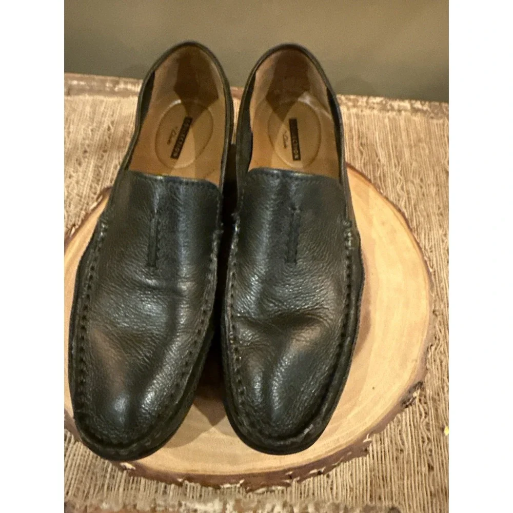 Clarks Benero Race Mens Blk Leather Slip On Moccasin Loafers‎ Shoes Size 8.5